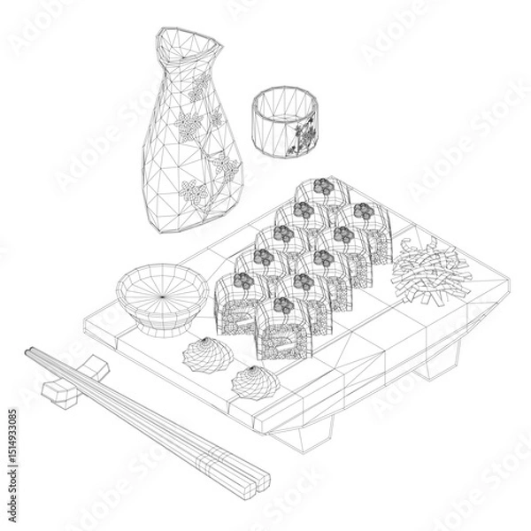 Fototapeta A plate of sushi with chopsticks and a bottle of soy sauce. Concept of Japanese culture and the importance of sharing food with others