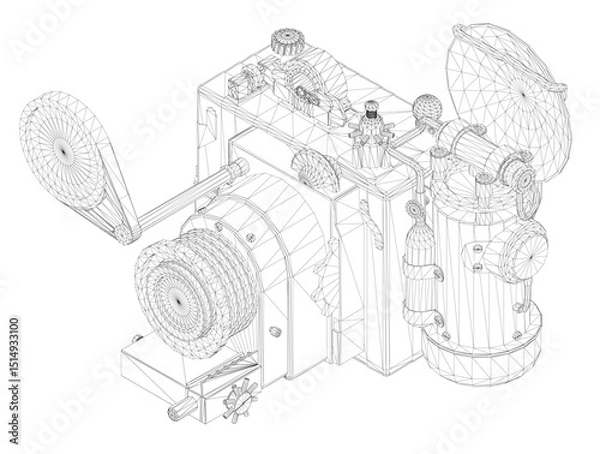Fototapeta A drawing of a Steampunk camera with a lot of detail. The machine is a camera and the drawing is in black and white. Isometric view. 3D
