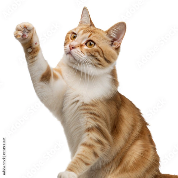 Fototapeta Playful Cat: A curious cat raises its paw, its amber eyes filled with playful intrigue, as it reaches for something above in this charming portrait.