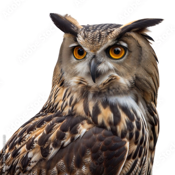 Fototapeta Regal Owl Portrait: A majestic owl with captivating orange eyes, showcasing intricate feather patterns and a stoic gaze.