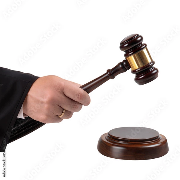 Fototapeta The Gavel's Judgement: A person's hand, dressed in legal attire, firmly grips a ceremonial gavel, poised to declare a verdict on a case.