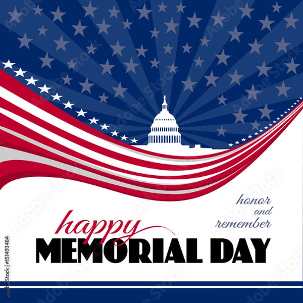 Fototapeta Happy Memorial day greeting card or poster. Remember and honor. Patriotic American background with abstract USA flag and White house and Capitol building Washington DC symbol. Vector illustration