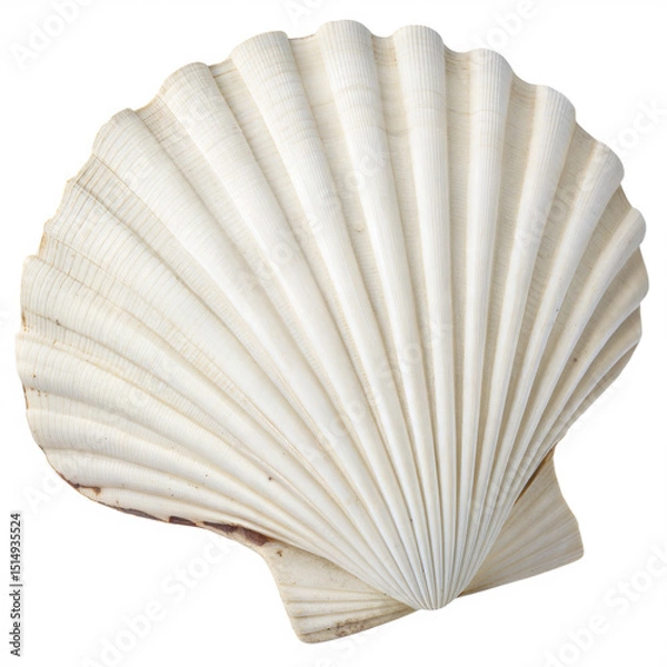 Fototapeta Scallop Shell: A detailed, high-angle shot of a single, pristine scallop shell. showcasing its textured surface, delicate ridges, and subtle pearlescent sheen, creating a sense of coastal serenity.