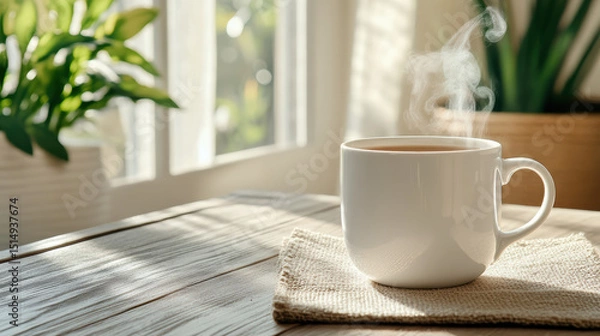 Fototapeta Steaming cup of tea sits on wooden table, surrounded by warm morning ambiance and greenery