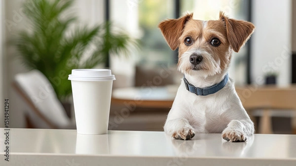 Fototapeta Curious dog watching its owner prepare coffee, paws resting on counter