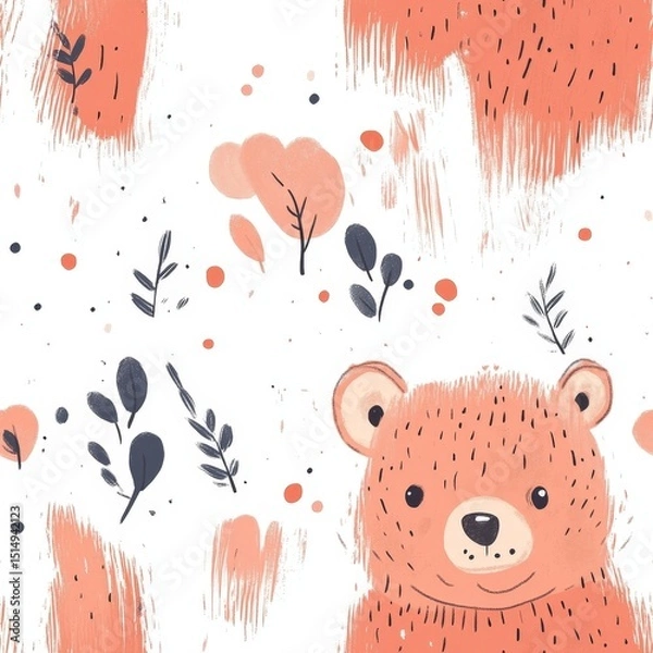 Fototapeta A bear with a big smile on its face is surrounded by leaves and flowers