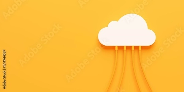 Fototapeta White cloud symbol with yellow cables connecting to it over yellow background, cloud storage, connection or internet concept
