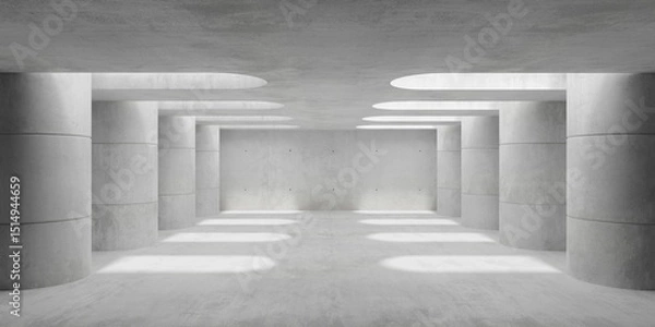 Fototapeta Abstract empty, modern concrete room with stacked round pillars left and right and rough floor - industrial interior background template