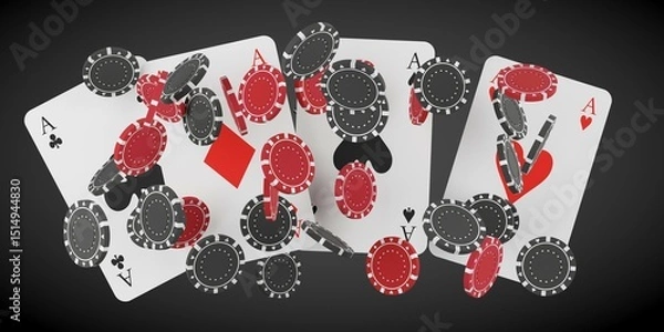 Fototapeta Four aces with black and red casino chips or tokens floating on black background
