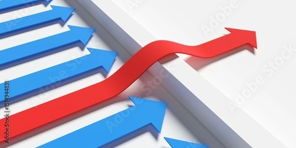 Fototapeta Red arrow overcoming obstacle wall with blue arrows stuck in front on white background, obstacle overcomng or business success concept
