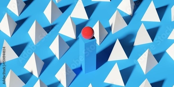 Fototapeta Red sphere on box in field of white spikes over blue background, risk or business management concept