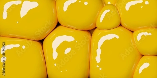 Fototapeta Abstract modern shiny reflective yellow bubbles, balloons or pebbles geometry background wallpaper banner, flat lay top view