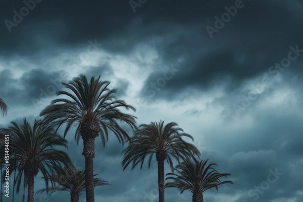 Fototapeta A group of palm trees are silhouetted against a cloudy sky. The sky is dark and moody, with the clouds looming overhead. The palm trees are tall and slender, reaching towards the sky