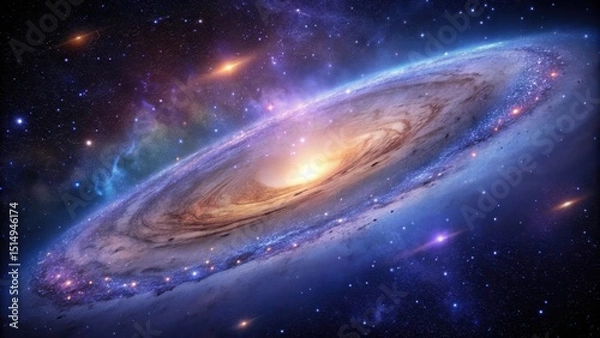 Fototapeta A serene Andromeda Galaxy glowing with soft purple and blue hues against a dark starry night sky
