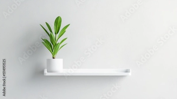 Fototapeta Minimalist home decor, Small green plant in a white pot on a white shelf against a white wall.  Concept of simplicity, nature, and interior design.