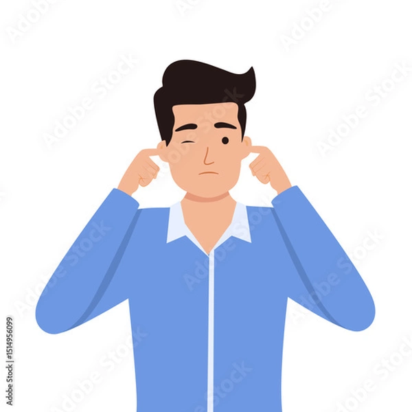 Obraz Man covering his ears with fingers, eyes closed. Guy closing or plugging for loud noise