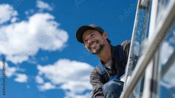 Fototapeta Window cleaner smiling while working on high rise building under bright blue sky with fluffy clouds. scene conveys sense of joy and satisfaction in his work