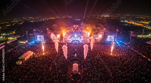 Obraz Epic Night Aerial View of Massive Concert with Fireworks and Crowd