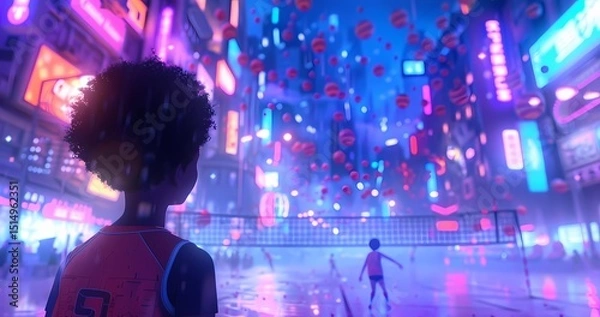 Fototapeta Futuristic Cityscape, Child Witnessing Falling Objects in Neon Lit Streets.  Concept of technology, urban life, and wonder.