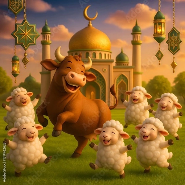 Obraz Eid al-Adha Celebration. Joyful cow and sheep celebrating Eid al-Adha in front of a mosque. A festive scene of sacrifice and blessings.