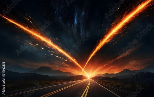 Fototapeta Fiery Twin Meteors Blazing Through the Night Sky – Glowing Comets with Intense Orange Flames and Bright Trails Against a Starry Black Space Background Depicting Celestial Motion and Cosmic Impact Ener