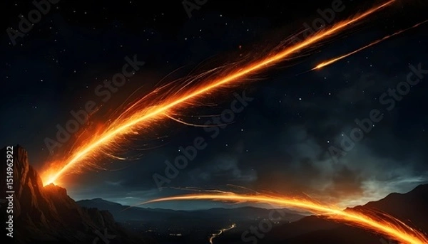 Fototapeta Fiery Twin Meteors Blazing Through the Night Sky – Glowing Comets with Intense Orange Flames and Bright Trails Against a Starry Black Space Background Depicting Celestial Motion and Cosmic Impact Ener