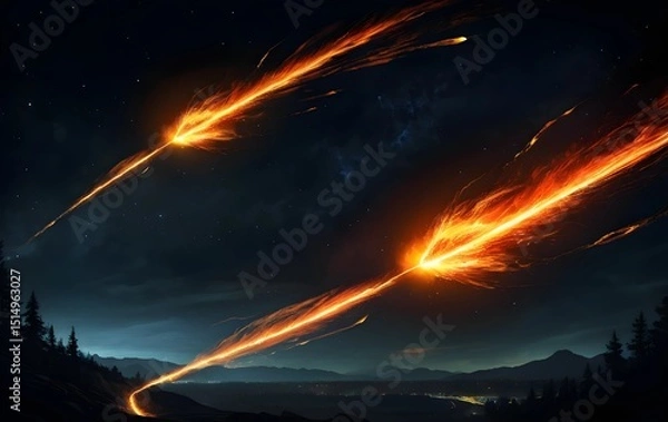 Fototapeta Fiery Twin Meteors Blazing Through the Night Sky – Glowing Comets with Intense Orange Flames and Bright Trails Against a Starry Black Space Background Depicting Celestial Motion and Cosmic Impact Ener