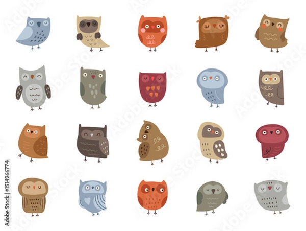 Fototapeta Owl character scandinavian style set created for cute woodland bird designs with feathers, wings, beak and cozy animal illustrations in kids themed projects
