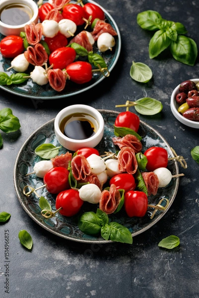 Fototapeta Mini skewer appetizers with salami, mozzarella and tomatoes. Healthy antipasto skewer.