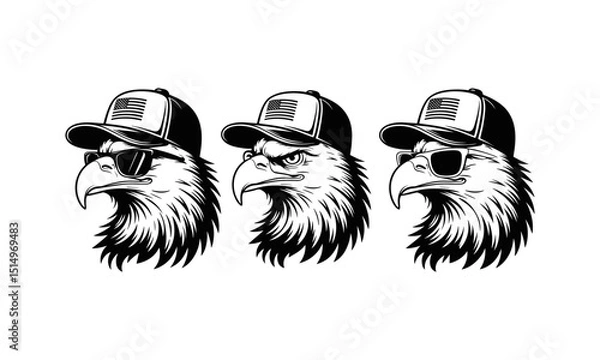 Obraz Cool Eagle Head with American Flag Cap Vector Illustration Set