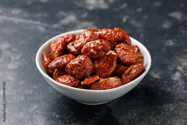 Fototapeta Caramelized almonds. Toasted almonds coated with caramel syrup.