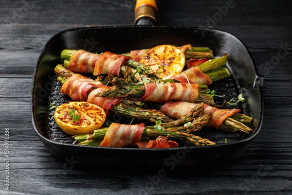 Fototapeta Grilled Bacon Wrapped Asparagus in iron cast pan