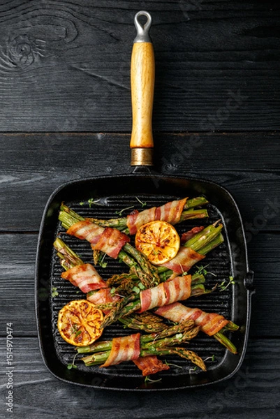 Fototapeta Grilled Bacon Wrapped Asparagus in iron cast pan
