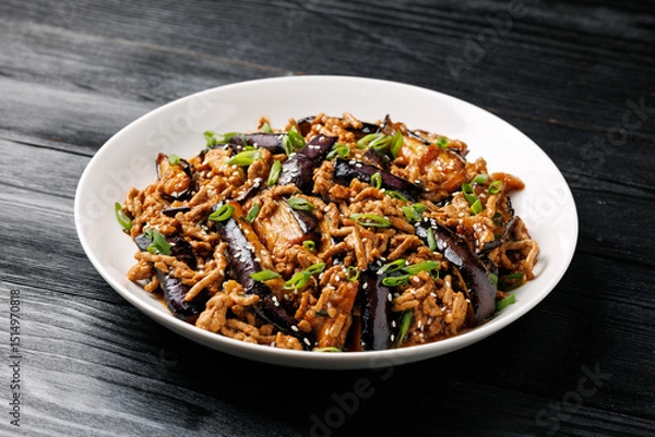 Fototapeta Chinese Eggplant stir fry with minced pork and garlic sauce