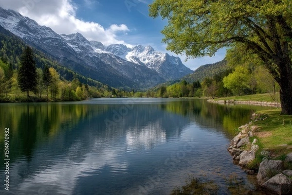 Fototapeta A serene lake reflects snowcapped mountains beneath a partly cloudy blue sky framed by lush green forests and a large tree
