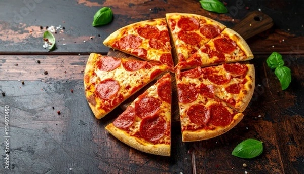 Fototapeta Ultra-Realistic Pepperoni Pizza on Rustic Board – High-Quality Food Image for Menus & Ads