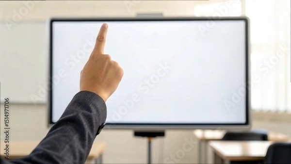 Fototapeta Tutor Pointing at Blank Whiteboard in Classroom Setting