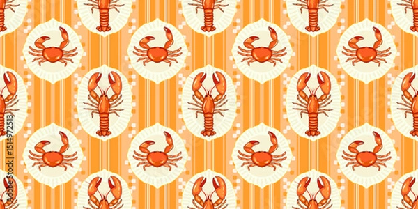 Fototapeta Mediterranean seaside summer seafood concept culinary theme seamless pattern. Hand drawn crab and lobster served on a plate on orange striped tablecloth background print design vector illustration