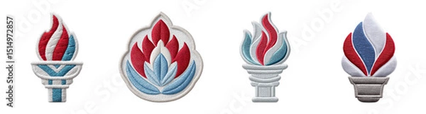 Fototapeta Embroidered patches with flame and torch designs in red, blue, and white colors, perfect for decoration or apparel