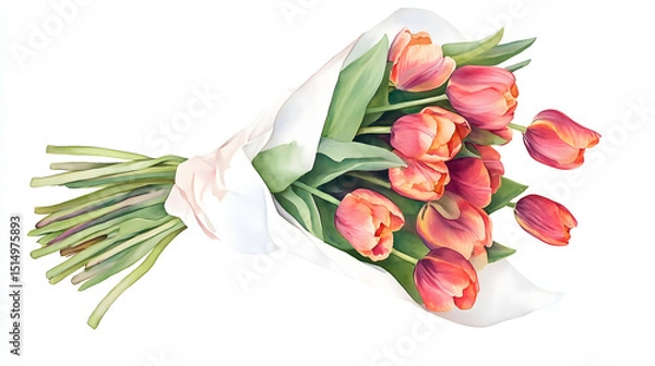 Obraz Watercolor-painted tulip bouquet wrapped in gift paper wrap.