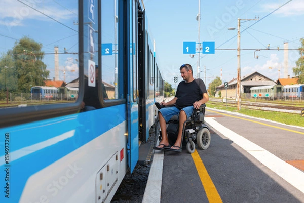 Fototapeta Man with disability navigates his wheelchair towards a tram at a train transportation station on a clear day. The setting features blue signage and a welcoming atmosphere.