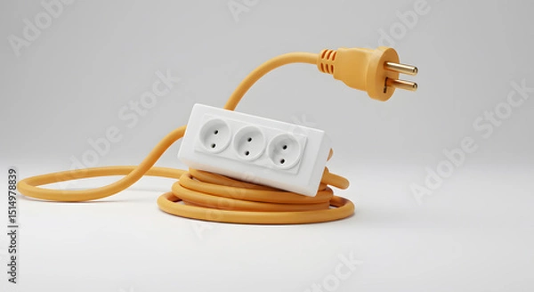 Obraz Yellow Extension Cord with Multiple Sockets, White Background