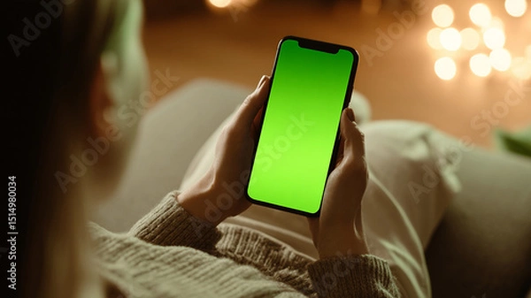 Obraz First person view of using smartphone with green screen in cozy room. user seem relaxed and comfortable