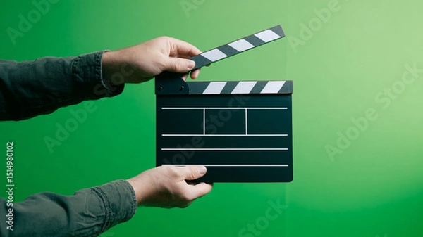 Obraz Clapperboard ready to start, held up by hands in front of green screen, eager to capture scene