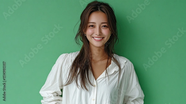 Obraz Japanese girl smiles warmly, her joyful expression radiating happiness and positivity against green backdrop