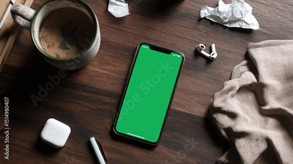 Obraz Straight phone rests on wood surface, embodying sense of calmness amidst daily essentials