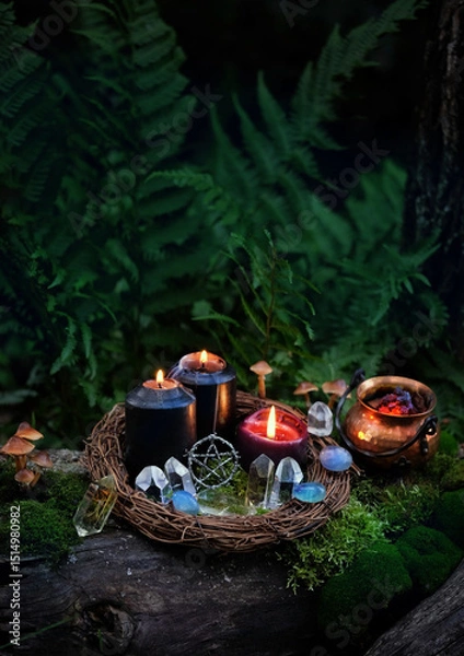 Fototapeta witch copper cauldron, burning black candles, amulet, quartz crystals in forest, nature background. occult esoteric spiritual practice. wiccan magic ritual, witchcraft. fairytale, mystery atmosphere