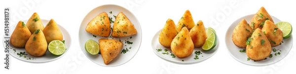 Fototapeta A set of coxinha on a white ceramic plate, garnished with herbs and lime isolated on a transparent background