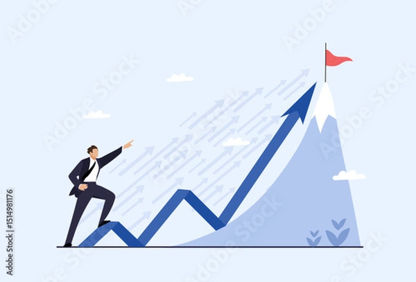 Obraz Businessman pointing at target, achievements in business. Leadership, business growth and development concept, flat vector cartoon illustration.