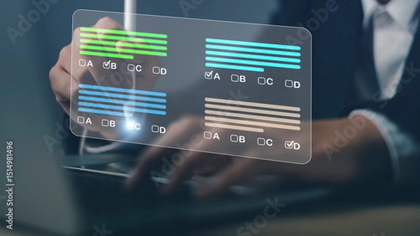 Fototapeta Hand using stylus to select answers on digital multiple choice form, representing online learning, digital exam, e-learning, and education technology.